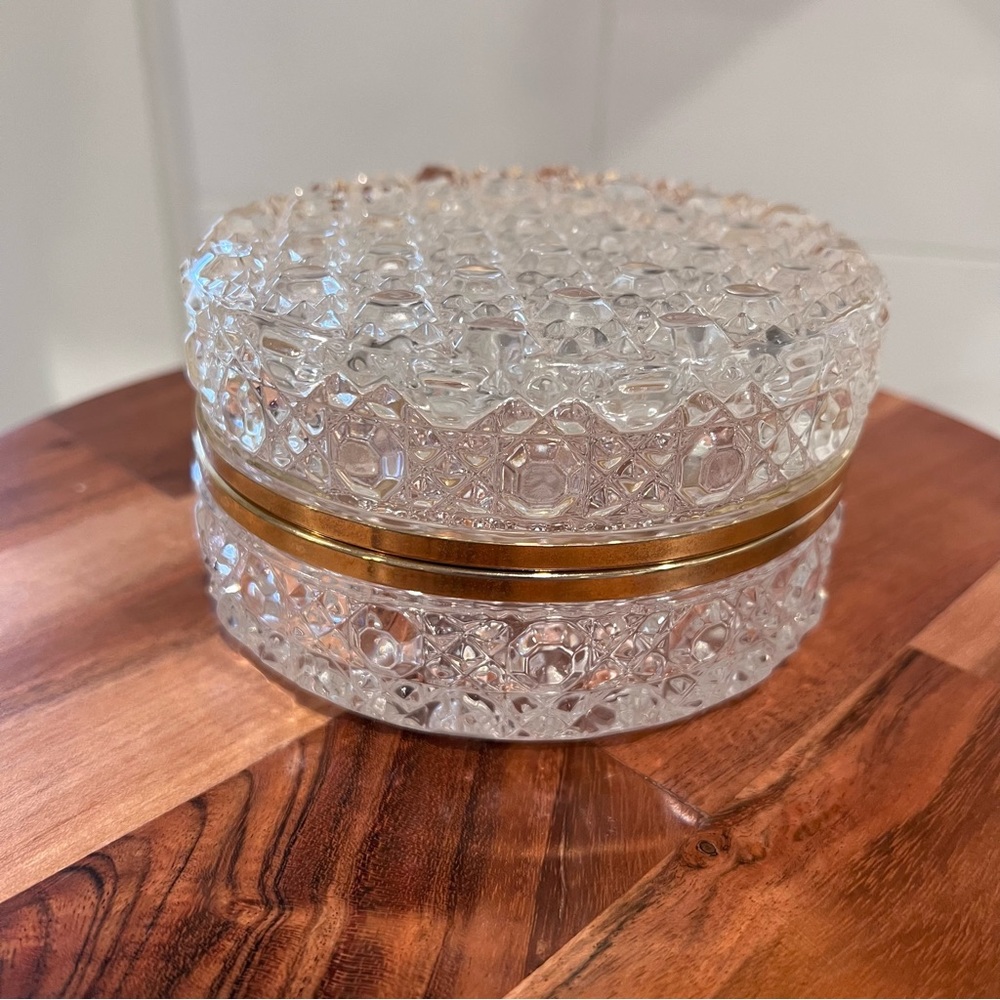 Vintage French Cut Crystal Glass and Brass Round Jewelry Box Casket